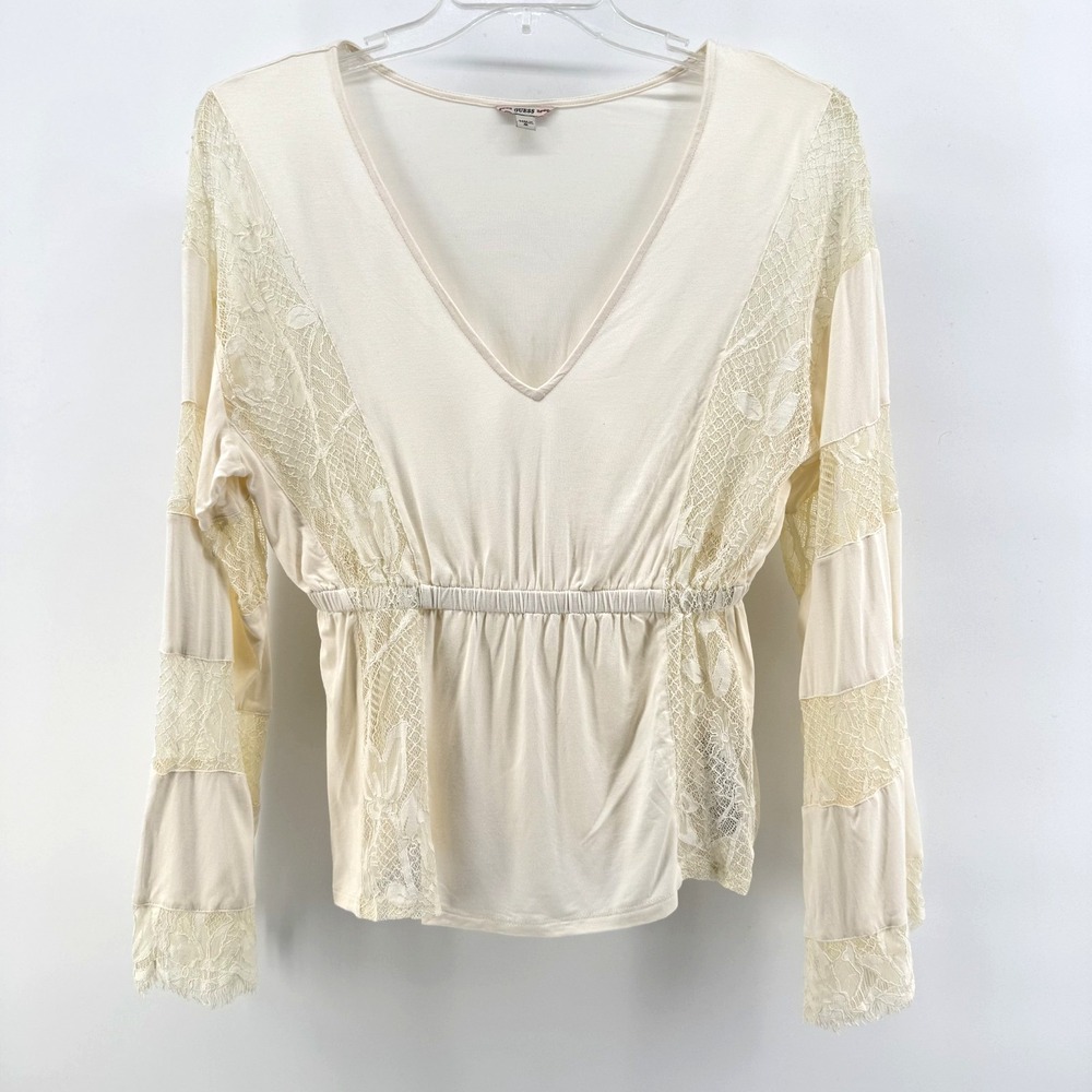 Guess‎ Peplum Top Women Medium Cream Lace Inset V-Neck Long Sleeve